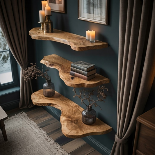 Ashgrove Live Edge Wood Floating Shelf in Oak finish with rustic live edge front