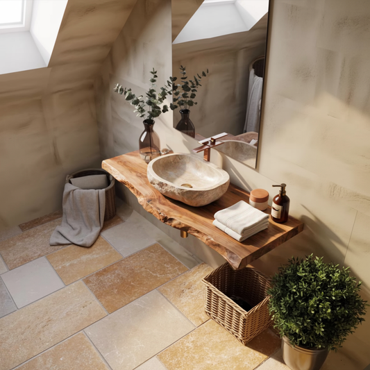 Mossbank live edge wood bathroom vanity in Oak finish with organic live edge and clean floating silhouette in a modern