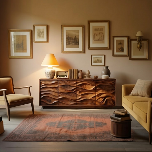 Marisol Sculptural Wood Sideboard in Walnut finish with hand-carved wave front, handcrafted from natural solid wood