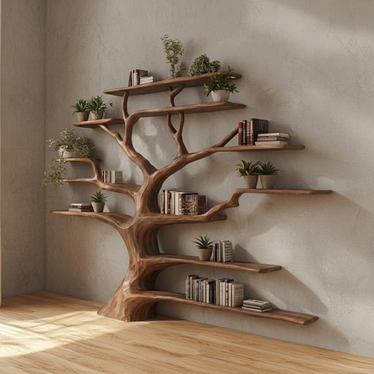 Evergrove Sculptural Wood Tree Bookshelf in Walnut finish with freestanding trunk and branch shelves