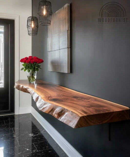 Live Edge Floating Console Table – Handmade Solid Wood Wall Shelf Table WFNED2164