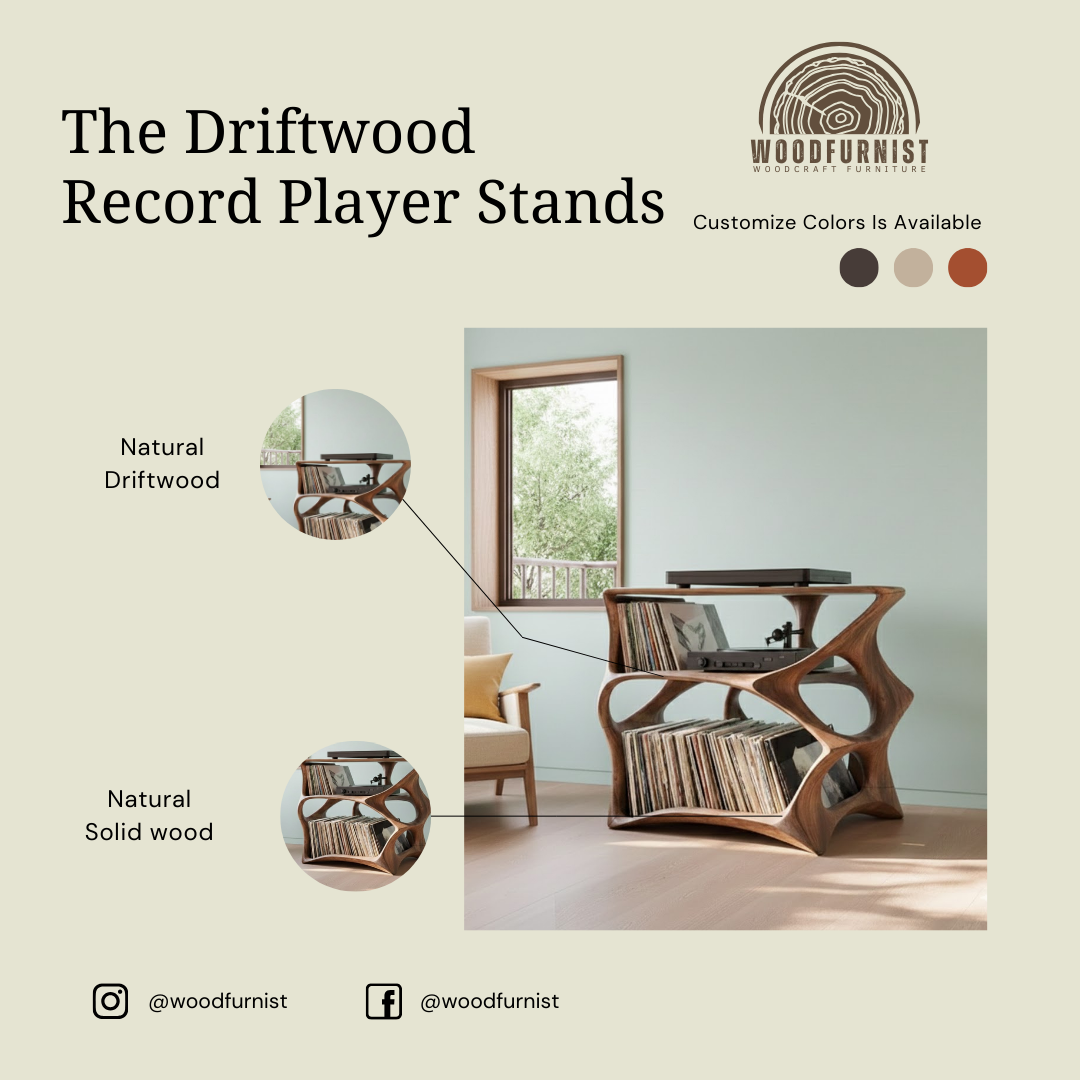 Handcrafted Solid Wood Record Player Stand – Mid-Century Modern Vinyl Storage Turntable Console WFNVA0208