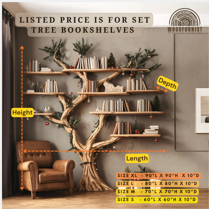 Rustic Tree Shaped Wooden Bookshelf with Branch Design for Living Room Christmas Decor WFNED0159