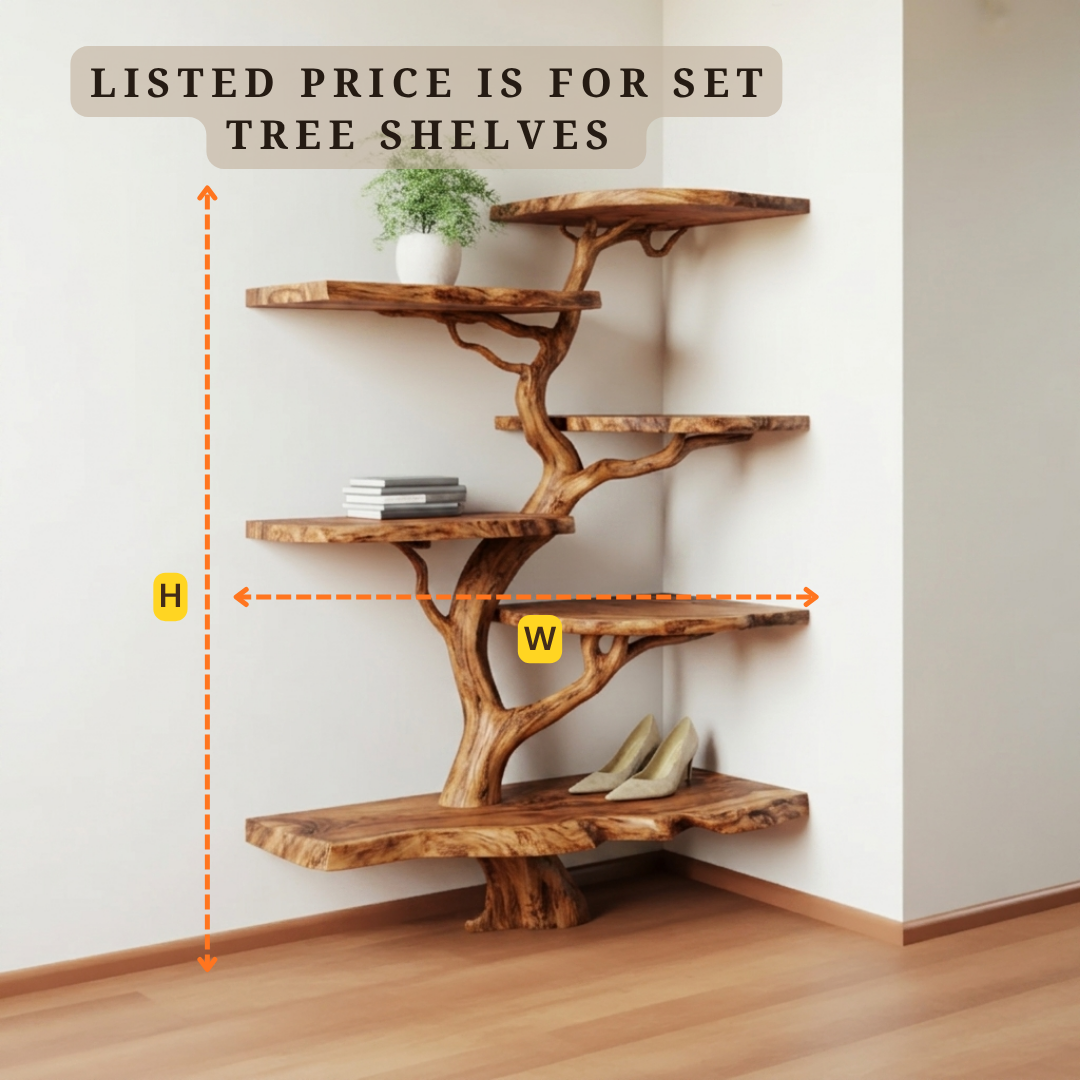 Corner Tree Live Edge Solid Wood Shelf – Sculptural Tree Bookshelf