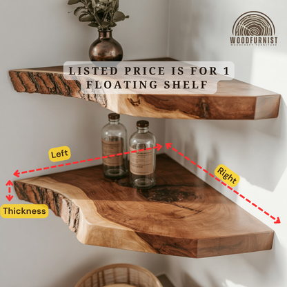 Handcrafted Rustic Corner Floating Wooden Shelf | Natural Live Edge Wall Shelf for Home Decor WFNED0105