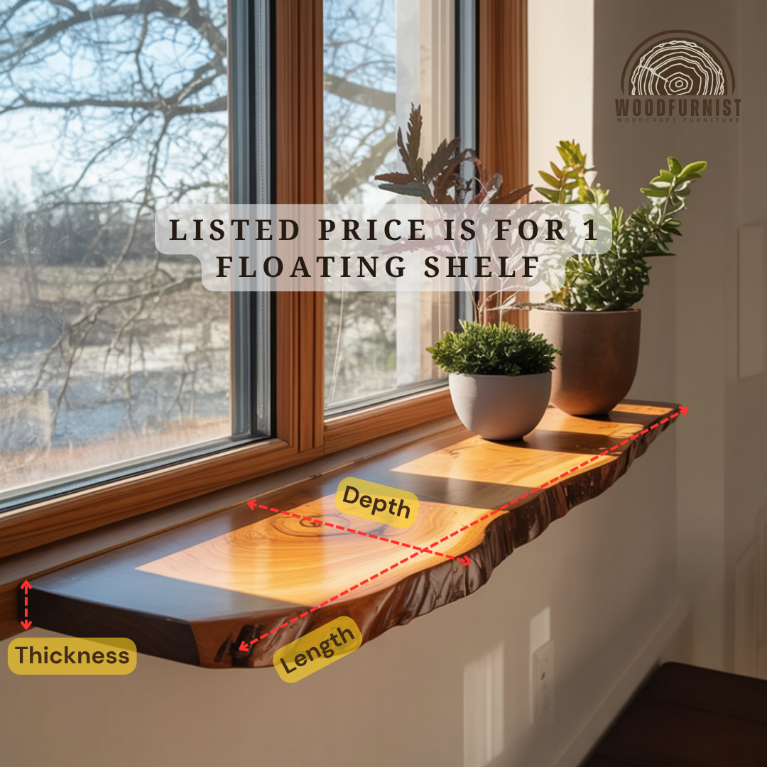 Live Edge Floating Wooden Shelf – Solid Wood Window Shelf for Plants & Home Decor WFNED0127