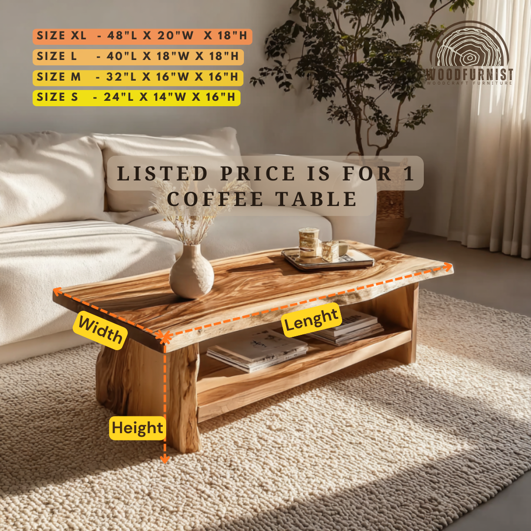 Live Edge Wooden Coffee Table – Natural Solid Wood Center Table for Modern Living Room WFNED0147