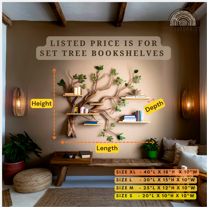 Tree Shaped Wall Bookshelf – Handmade Wooden Branch Shelf with Green Leaves – Rustic Modern Decor WFNED0111