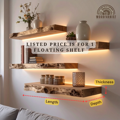 Live Edge Floating Shelves with LED Lights – Handmade Solid Wood Wall Shelves – Modern Rustic Home Decor by Woodfurnist WFNED0120