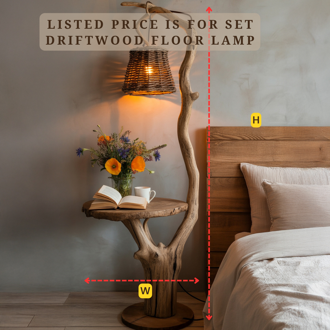 Rustic Solid Wood Floor Lamp Table – Sculptural Tree Lamp for Bedroom & Living Room