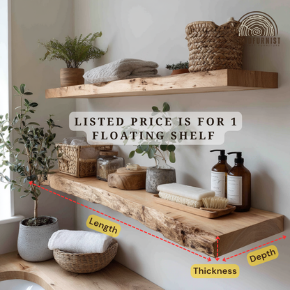 Rustic Solid Wood Floating Shelves – Live Edge Oak Wall Shelf – Minimalist Natural Home Storage & Decor