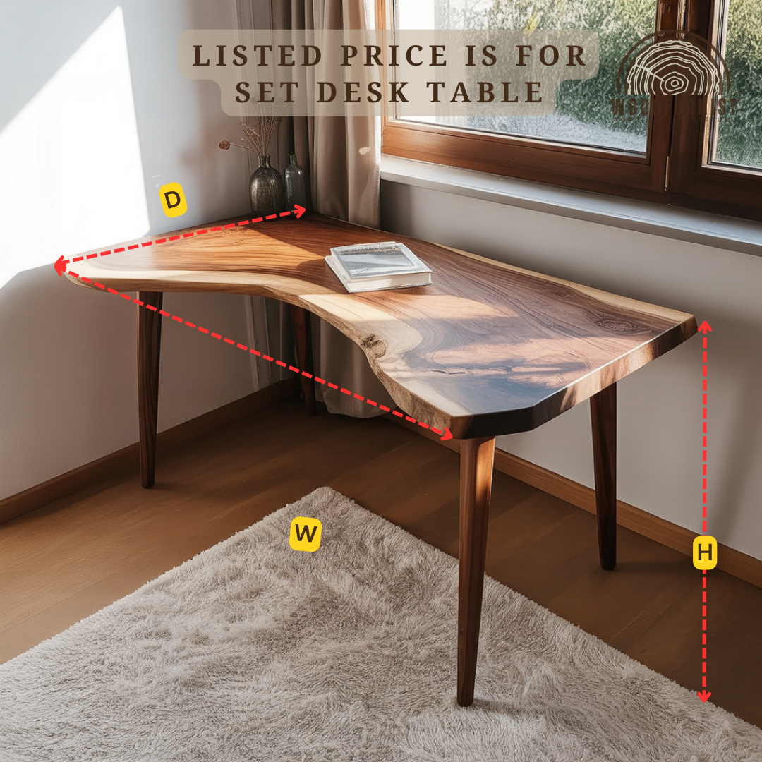 Rustic Sculptural Corner Desk Table, Solid Wood Live Edge Computer Desk