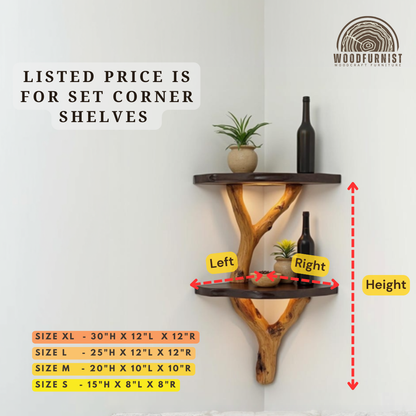 Corner Floating Shelf with LED – Handmade Branch Wood Wall Shelf – Rustic Modern Home Decor by Woodfurnist WFNED0114