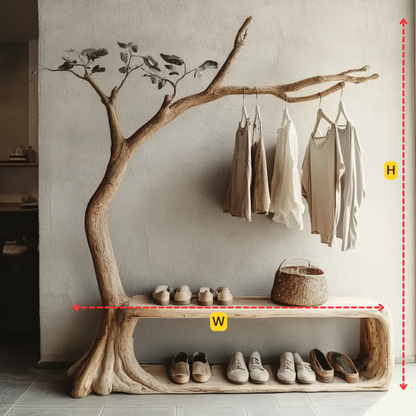 Handcrafted Tree Hanger With Bench Solid Wood Branch Clothing Rack For Entryway Bedroom