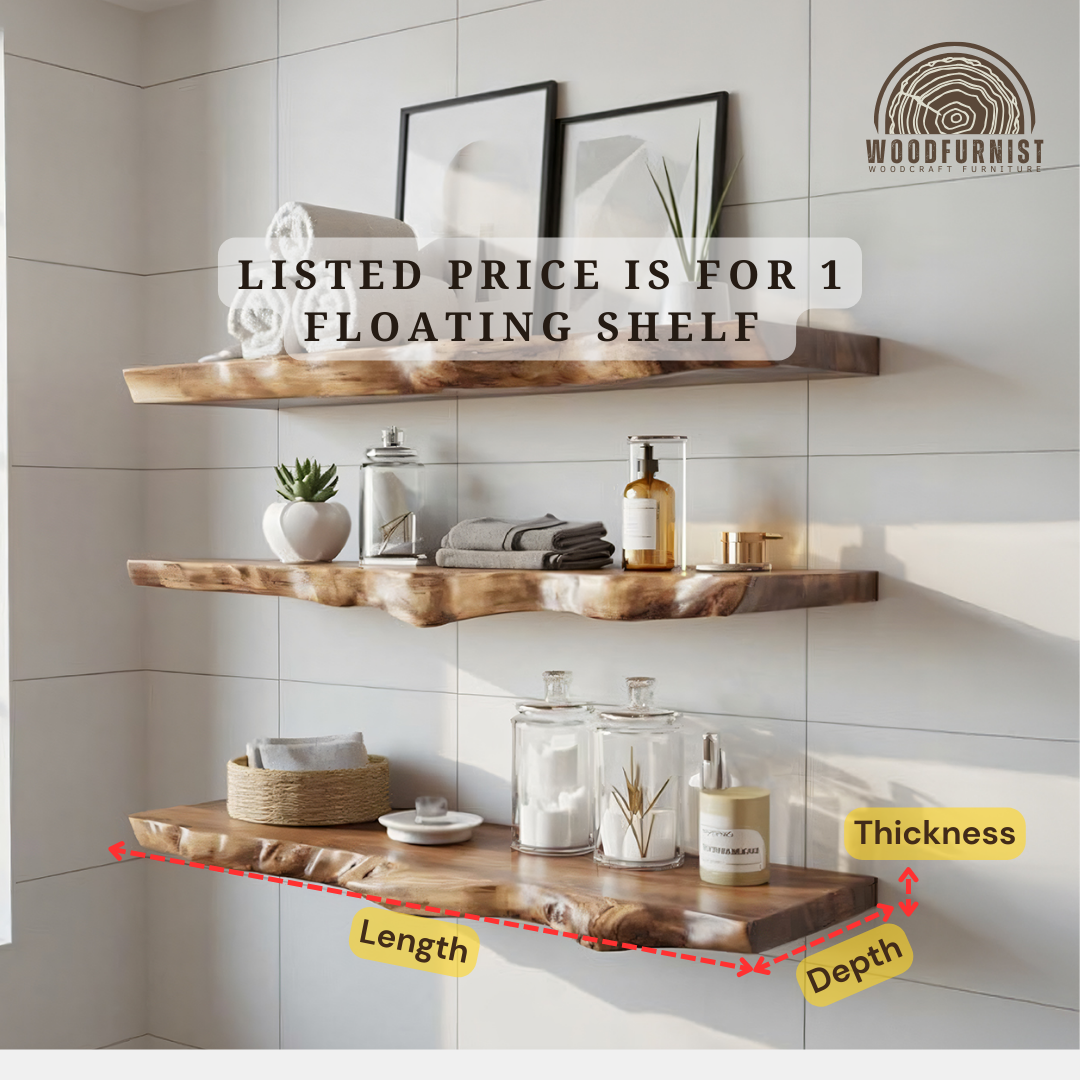 Rustic Live Edge Floating Shelf – Solid Wood Wall Mounted Shelf for Home Decor & Organization WFNED0153