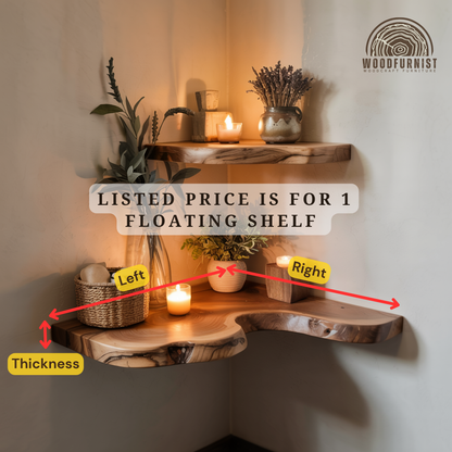 Handcrafted Rustic Corner Floating Wooden Shelf | Natural Live Edge Wall Shelf for Home Decor WFNED0103