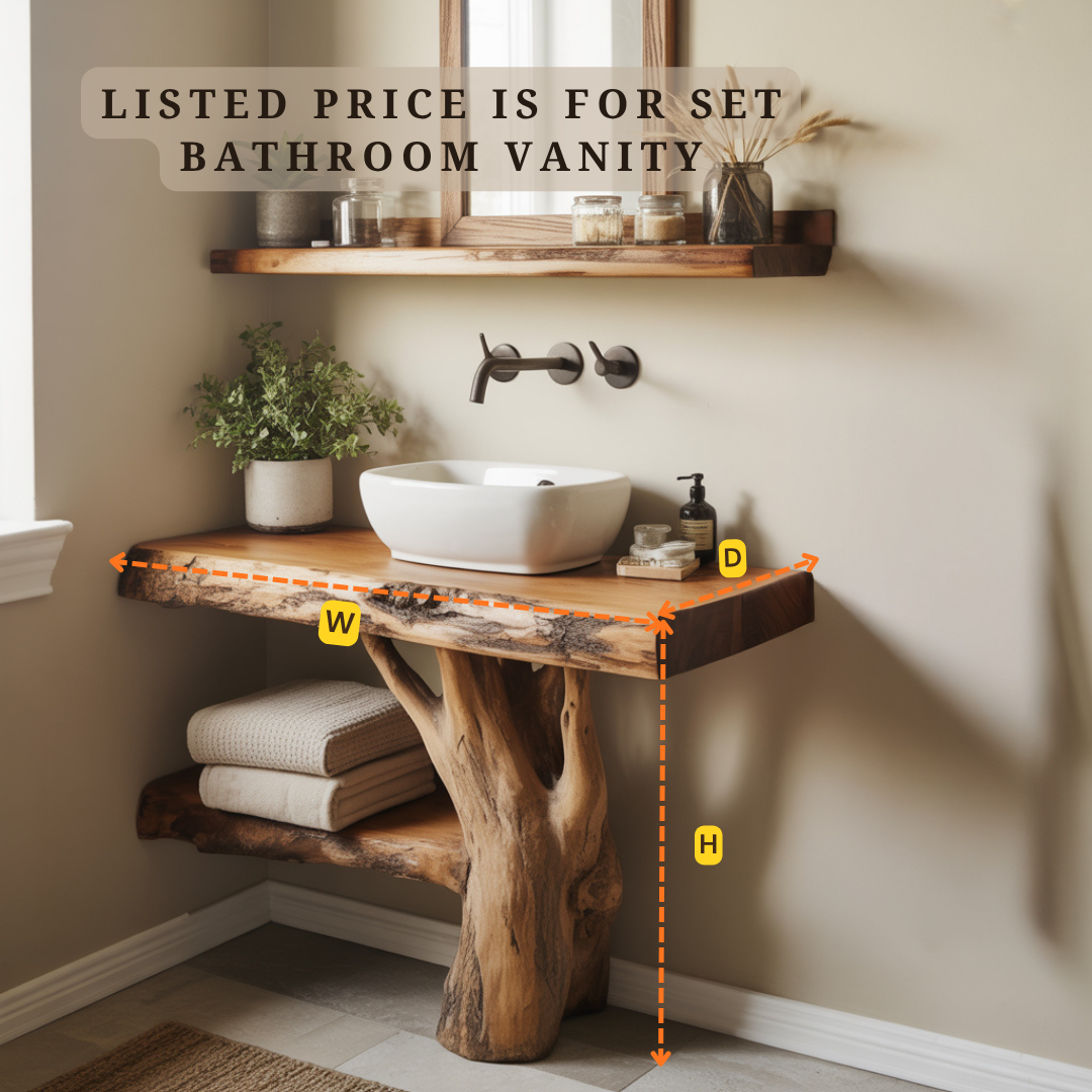 Handcrafted Live Edge Solid Wood Floating Bathroom Vanity- Sculptural Tree Root Console