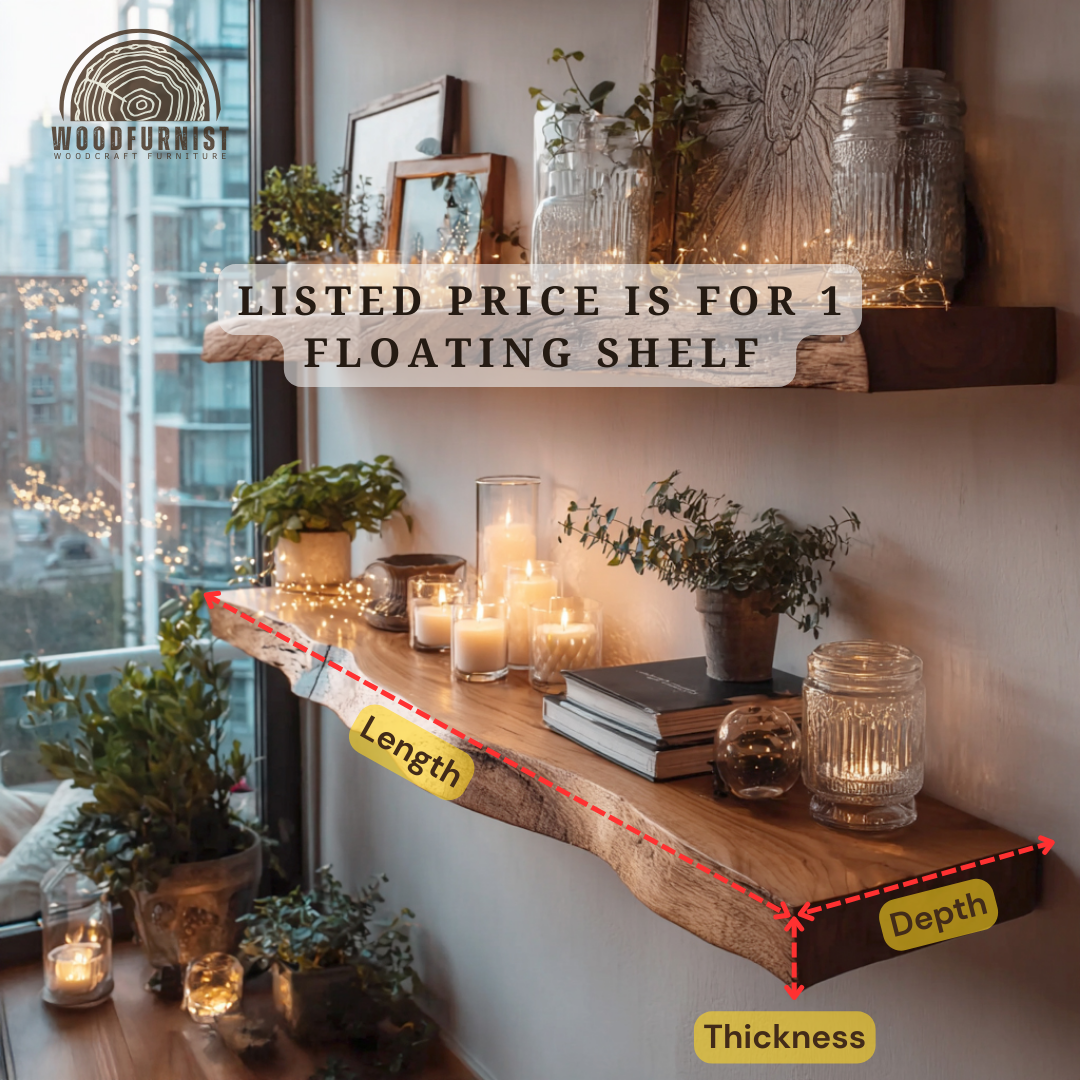 Live Edge Floating Wooden Shelf – Handmade Solid Wood Wall Shelf for Cozy Home Decor WFNED0175