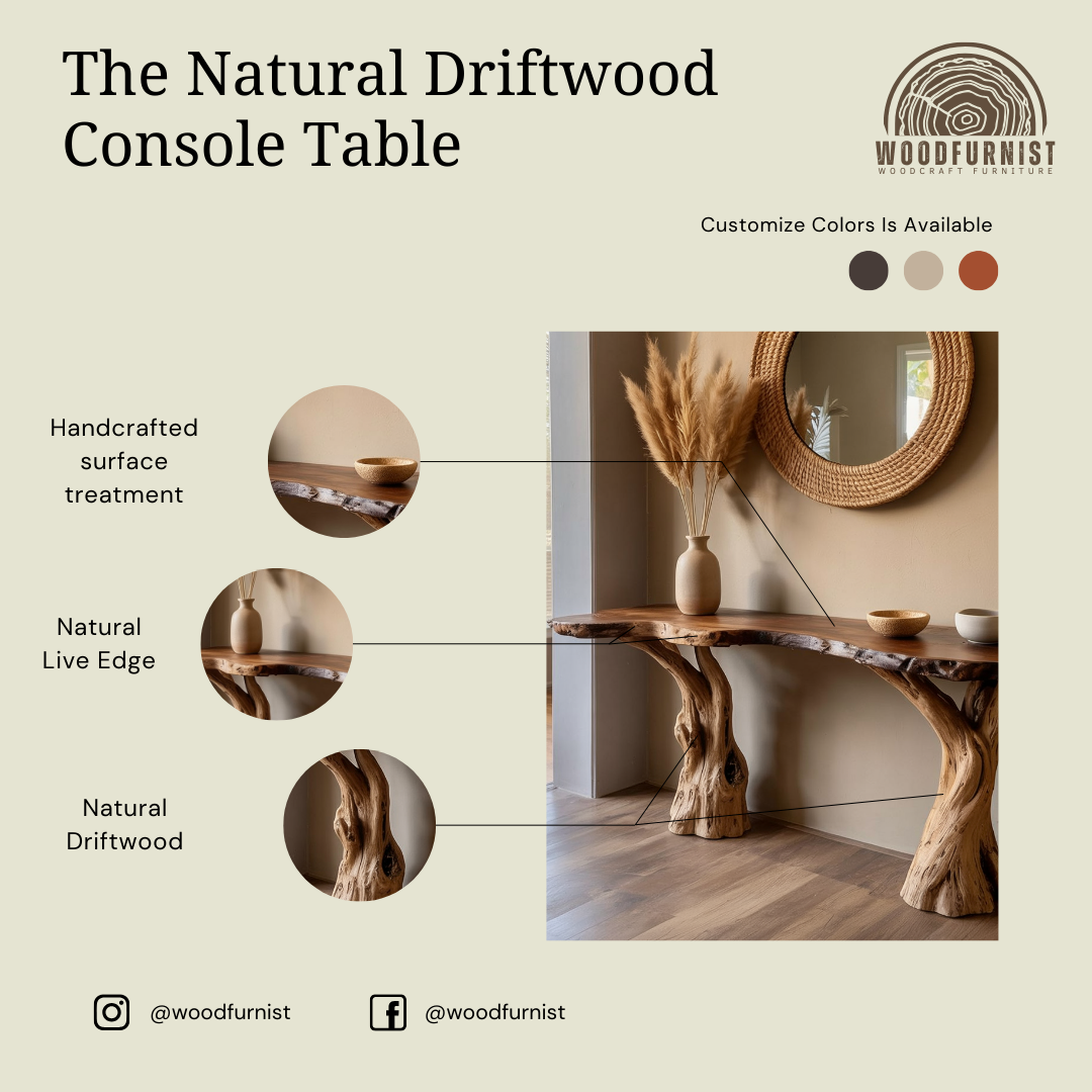 Live Edge Console Table – Handmade Solid Wood Entryway Table with Natural Tree Base WFNED0172