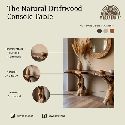 Live Edge Console Table – Handmade Solid Wood Entryway Table with Natural Tree Base WFNED0172