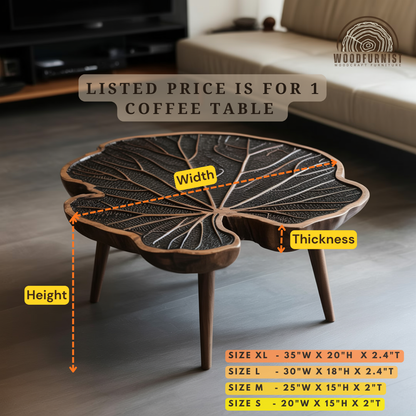 Wood Leaf Coffee Table – Unique Nature Inspired Center Table, Rustic Modern Home DecorWFNED0068
