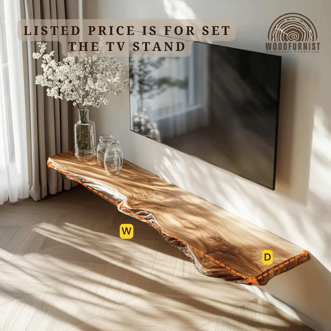Live Edge Solid Wood Floating TV Stand– Organic Modern Masterpiece