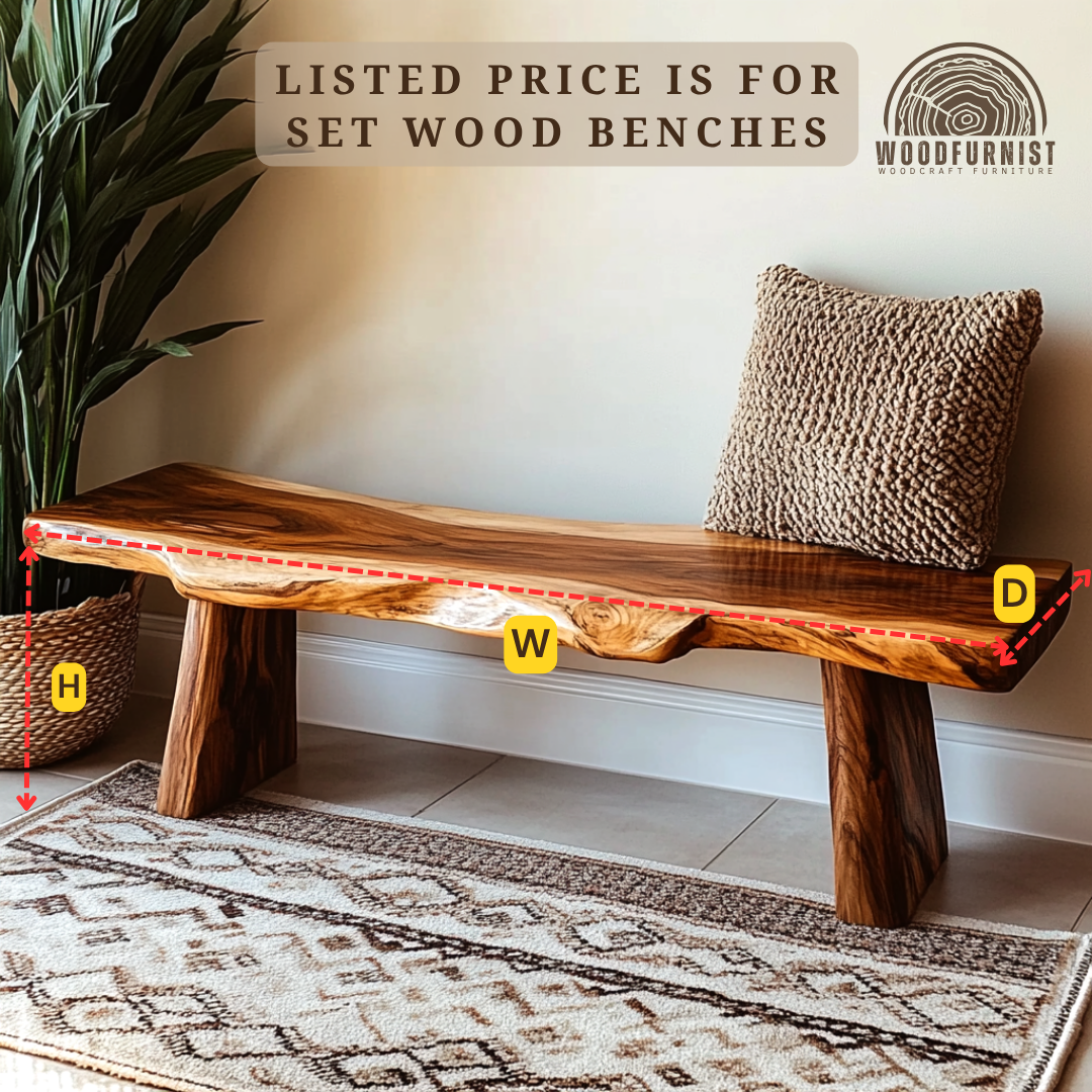 Live Edge Solid Wood Bench - Handcrafted Natural Wood Entryway Bench