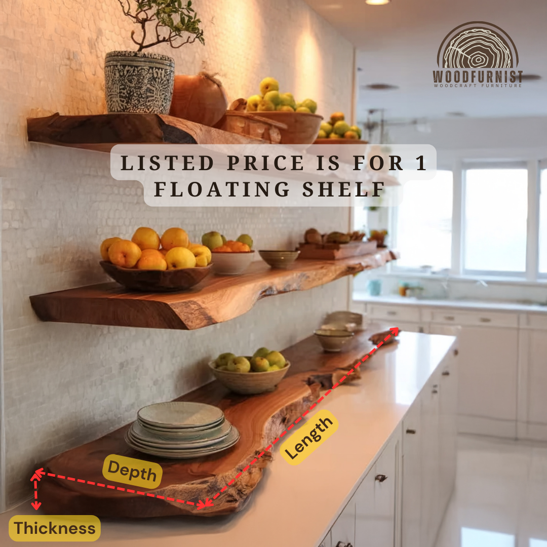 Live Edge Floating Wooden Shelf – Handmade Solid Wood Kitchen Wall Shelf WFNED0177