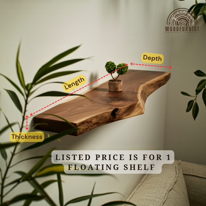 Solid Walnut Live Edge Shelf – Floating Wooden Wall Shelf – Handmade Rustic Modern Furniture WFNED0101