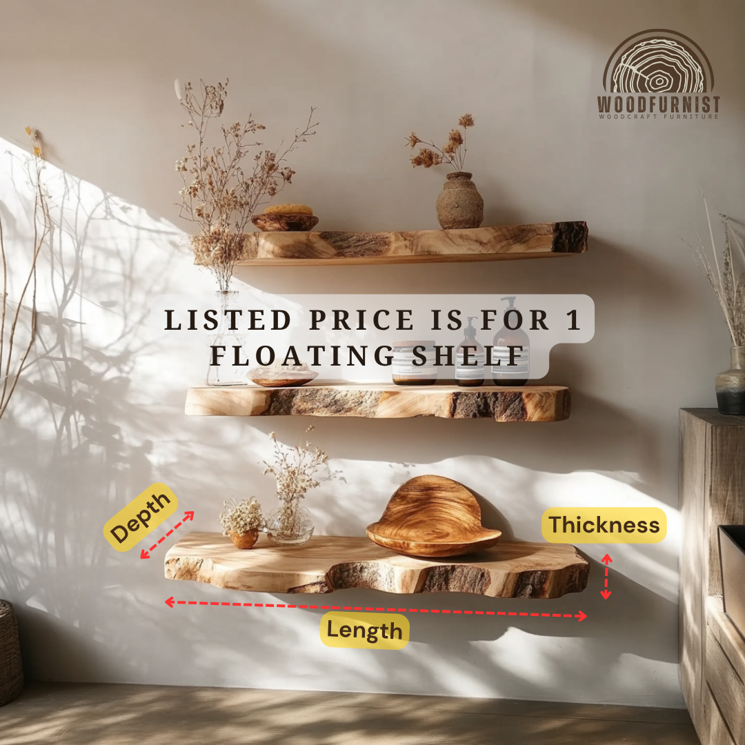 Rustic Wooden Floating Shelves – Live Edge Solid Wood Wall Display – Modern Natural Decor WFNED0117