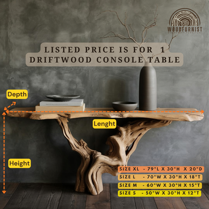 Live Edge Driftwood Console Table – Handmade Solid Wood Entryway Table for Modern Rustic Decor WFNED0144