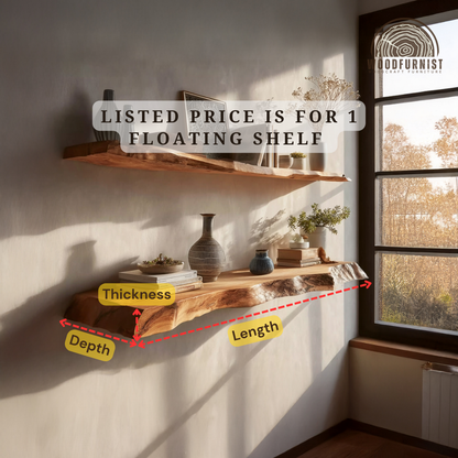 Rustic Live Edge Wooden Wall Shelf – Handmade Floating Shelf for Plants & Books WFNED0154