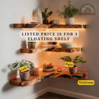 Corner Floating Wooden Shelf with LED – Live Edge Solid Wood Wall Shelf WFNED0132