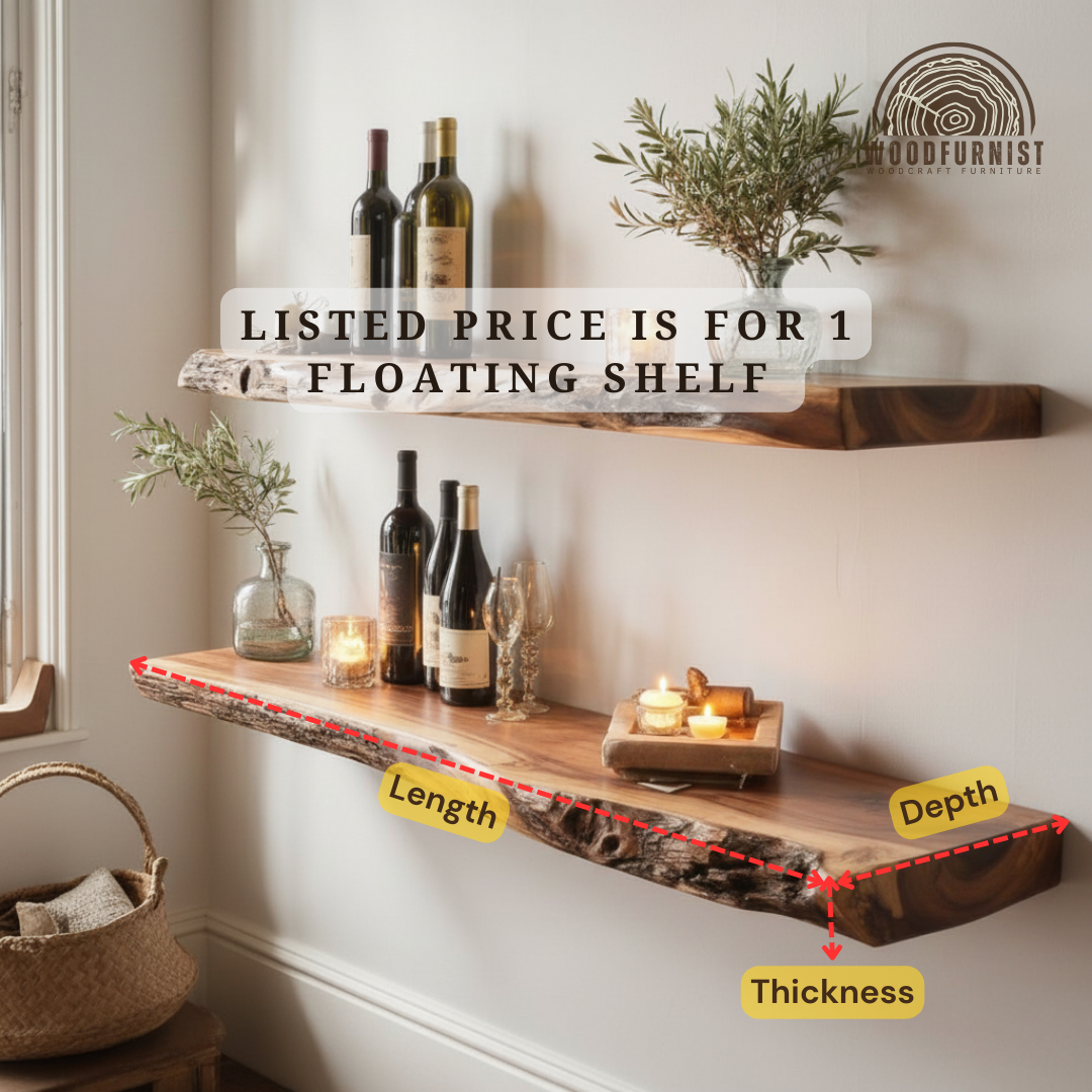 Live Edge Floating Wood Shelves – Handcrafted Solid Wood Wall Shelves for Kitchen, Living Room & Home Decor WFNED0185