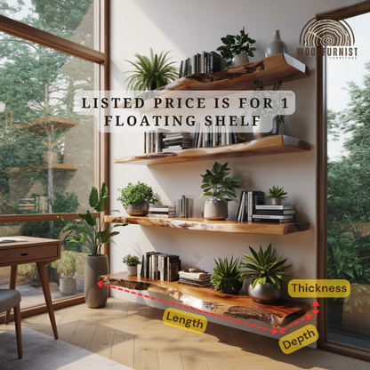 Rustic Live Edge Wooden Floating Wall Shelf – Solid Wood Wall-Mounted Shelf for Plants & Books WFNED0158