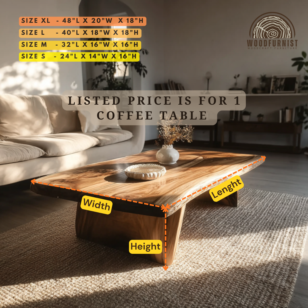 Rustic Natural Wood Coffee Table – Organic Live Edge Furniture for Living Room WFNED0149