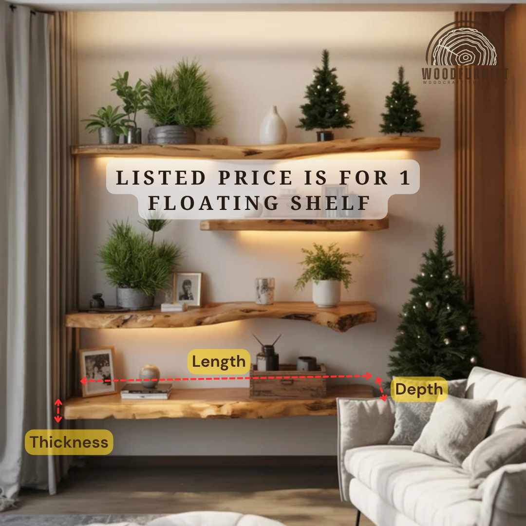 Live Edge Floating Wooden Shelf with LED – Solid Wood Wall Mounted Display Shelves WFNED0130