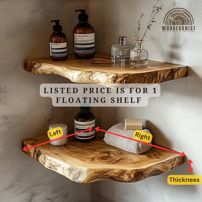 Rustic Live Edge Corner Floating Shelves – Handmade Solid Wood Wall Shelves