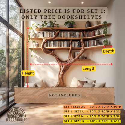 Standing Tree Bookshelf – Handmade Natural Wood Tree Shelf with Bench Seating WFNED0160
