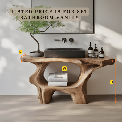 Organic Live Edge Solid Wood Bathroom Vanity - Handcrafted Sculpted Base