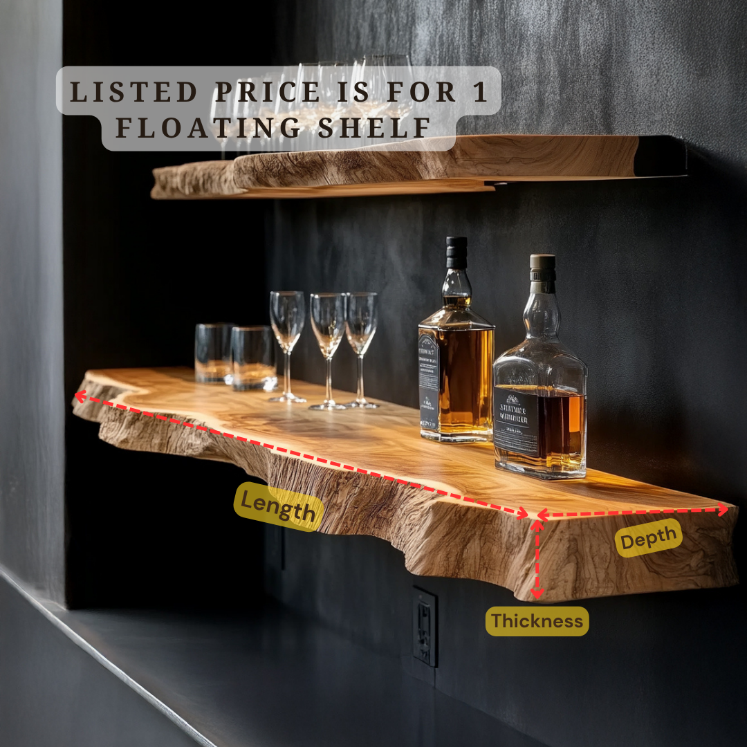 Wooden Floating Bar Shelf – Live Edge Wall Shelf for Whiskey & Glass Display