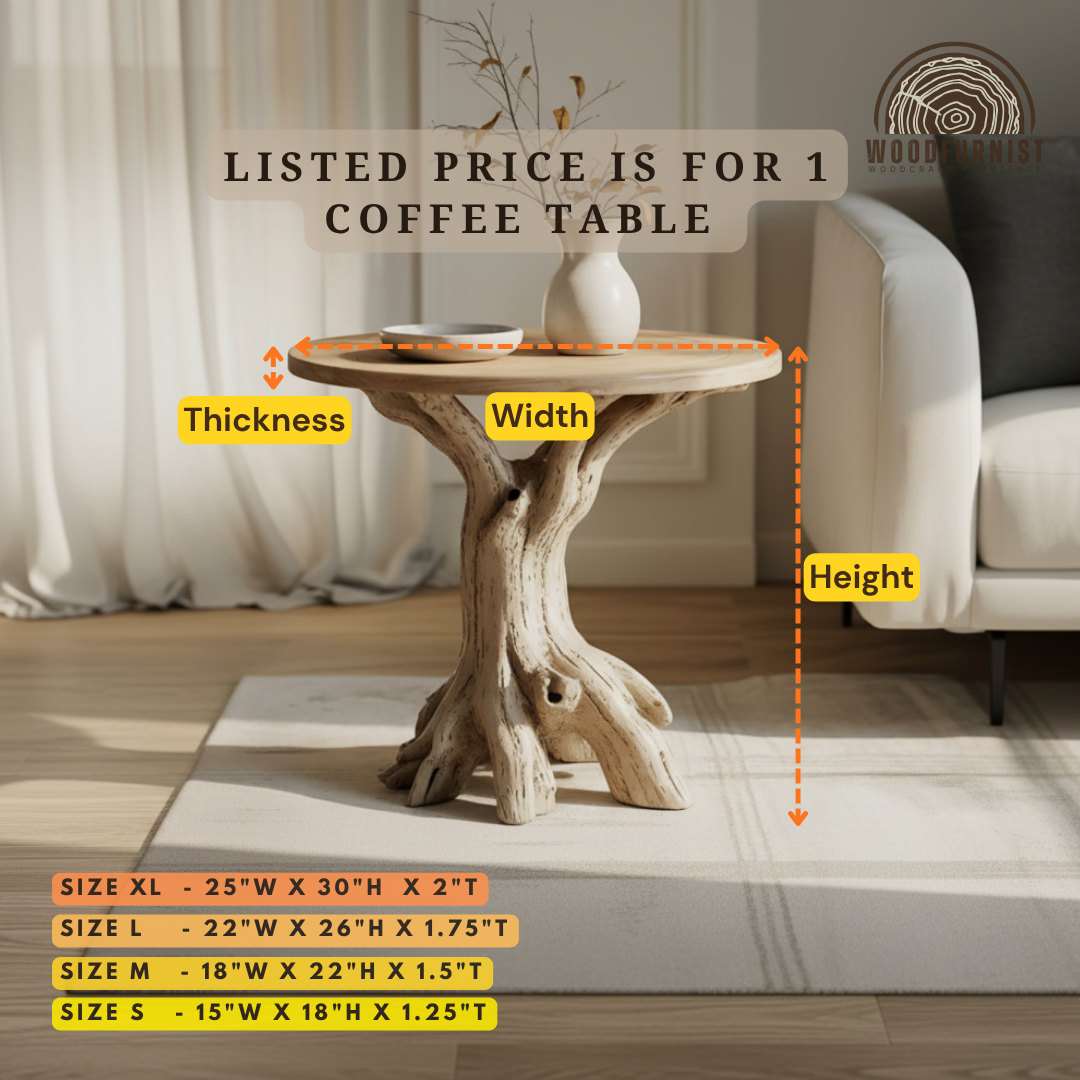 Driftwood Round Side Table – Natural Wood End Table, Handmade Tree Trunk Base, Rustic Organic Furniture WFNED0137