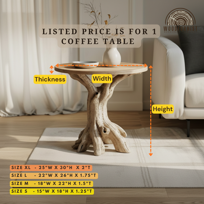 Driftwood Round Side Table – Natural Wood End Table, Handmade Tree Trunk Base, Rustic Organic Furniture WFNED0137