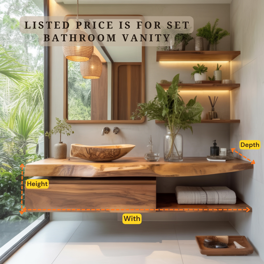Floating Bathroom Vanity with Storage – Solid Wood Wall Mounted Vanity with Drawer & Shelf