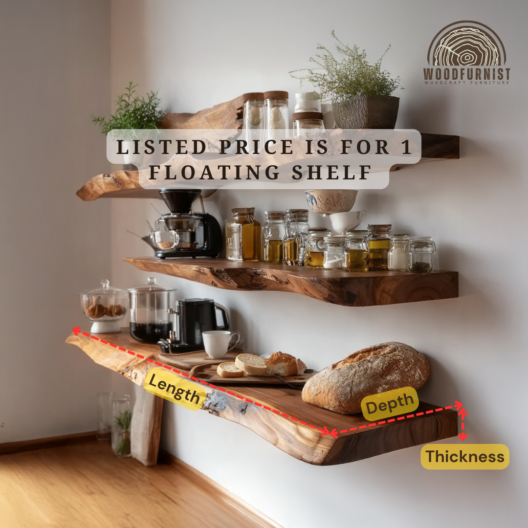 Rustic Live Edge Wall Shelf | Handmade Floating Wooden Shelves for Kitchen & Home Decor WFNED0156