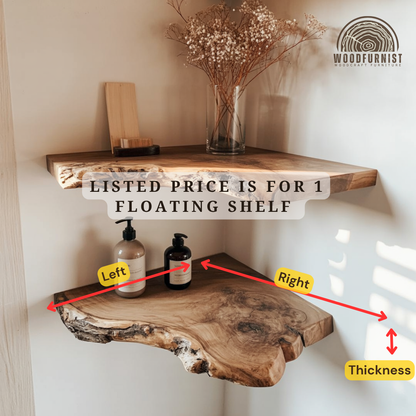 Rustic Live Edge Corner Floating Shelves, Handcrafted Solid Wood Wall Display for Home Décor WFNED0020