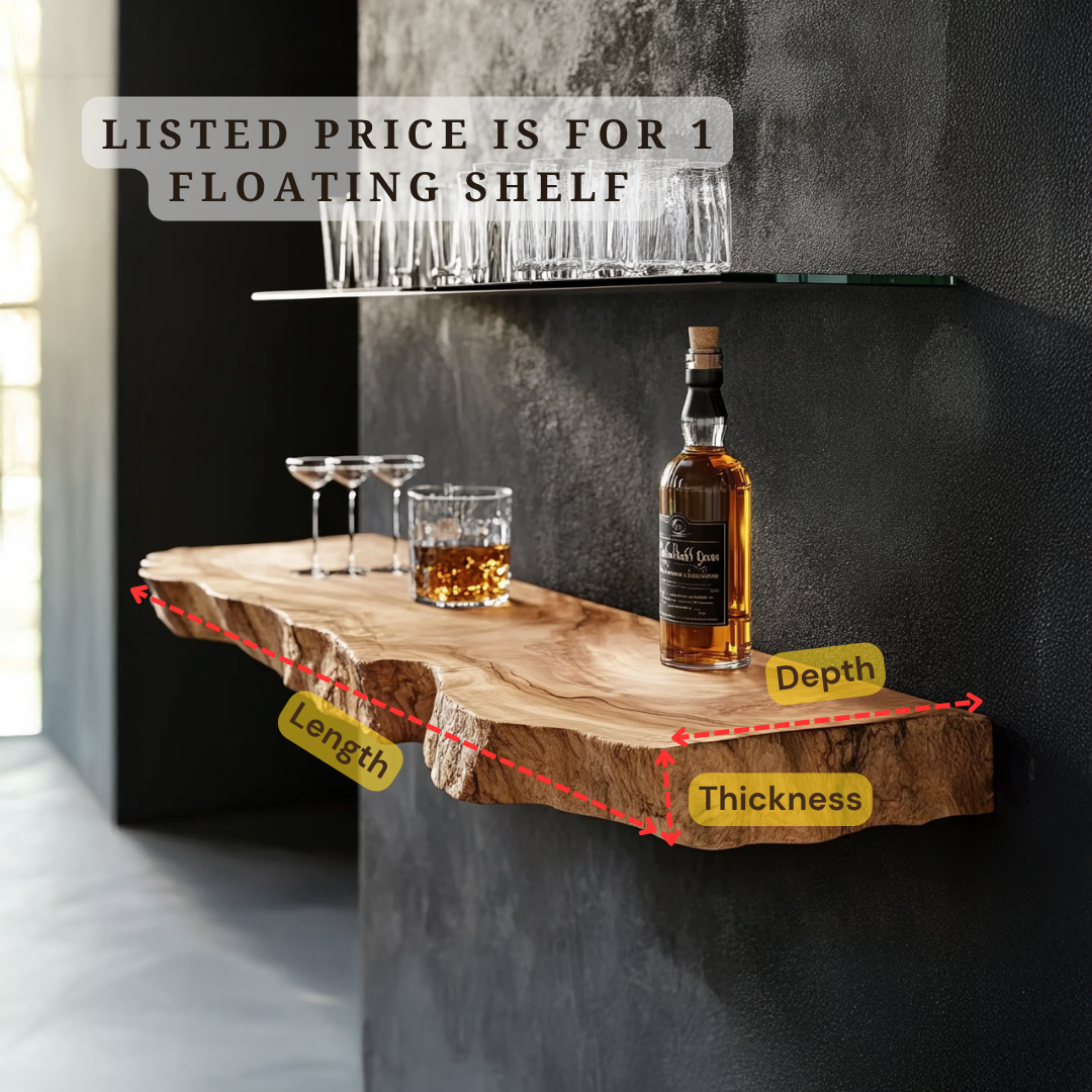 Live Edge Floating Bar Shelf – Solid Wood Wall-Mounted Whiskey & Liquor Display Shelf WFNVA0018