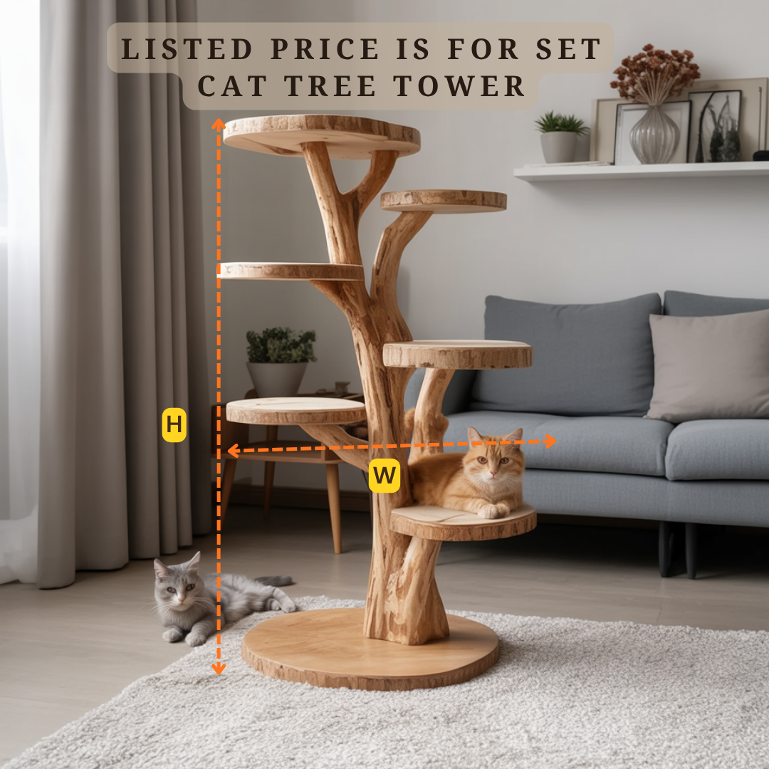 Solid Wood Cat Tree – Sculptural Climbing Tower with Natural Comfort