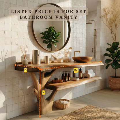 Handcrafted Sculptural Live Edge Solid Wood Floating Bathroom Vanity