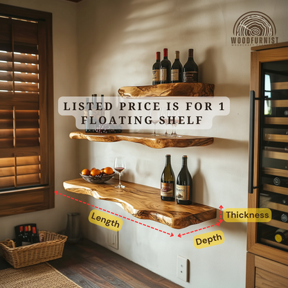 Live Edge Floating Wooden Shelf – Handmade Solid Wood Wall Shelf for Kitchen, Wine & Home Decor | Woodfurnist WFNED0122